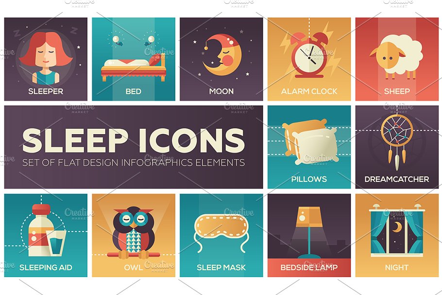 Flat design psycho icons with sleep themed elements.
