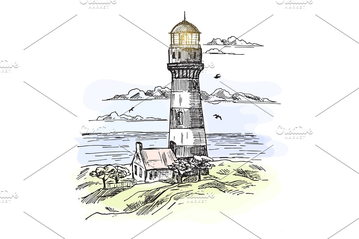 Cover image of Sketch Of Island With Lighthouse At Ocean Waters.