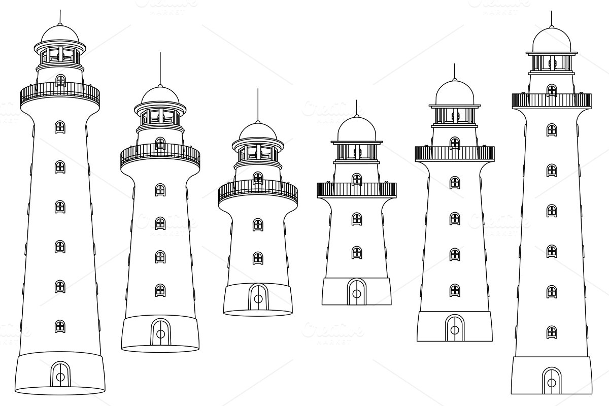 Cover image of Vector Outline Lighthouse Beacon Set.