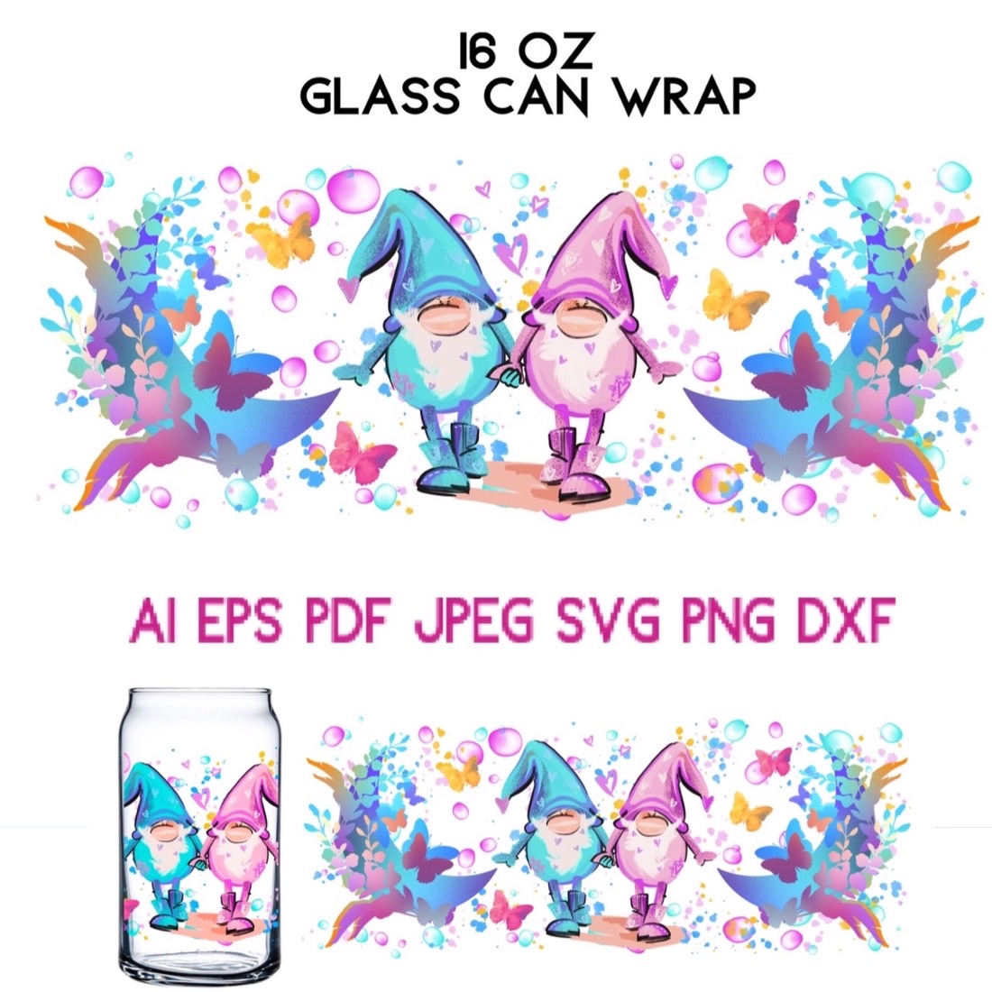 16 oz Glass Can Wrap Gnomes Holiday Birthday Valentines Day.