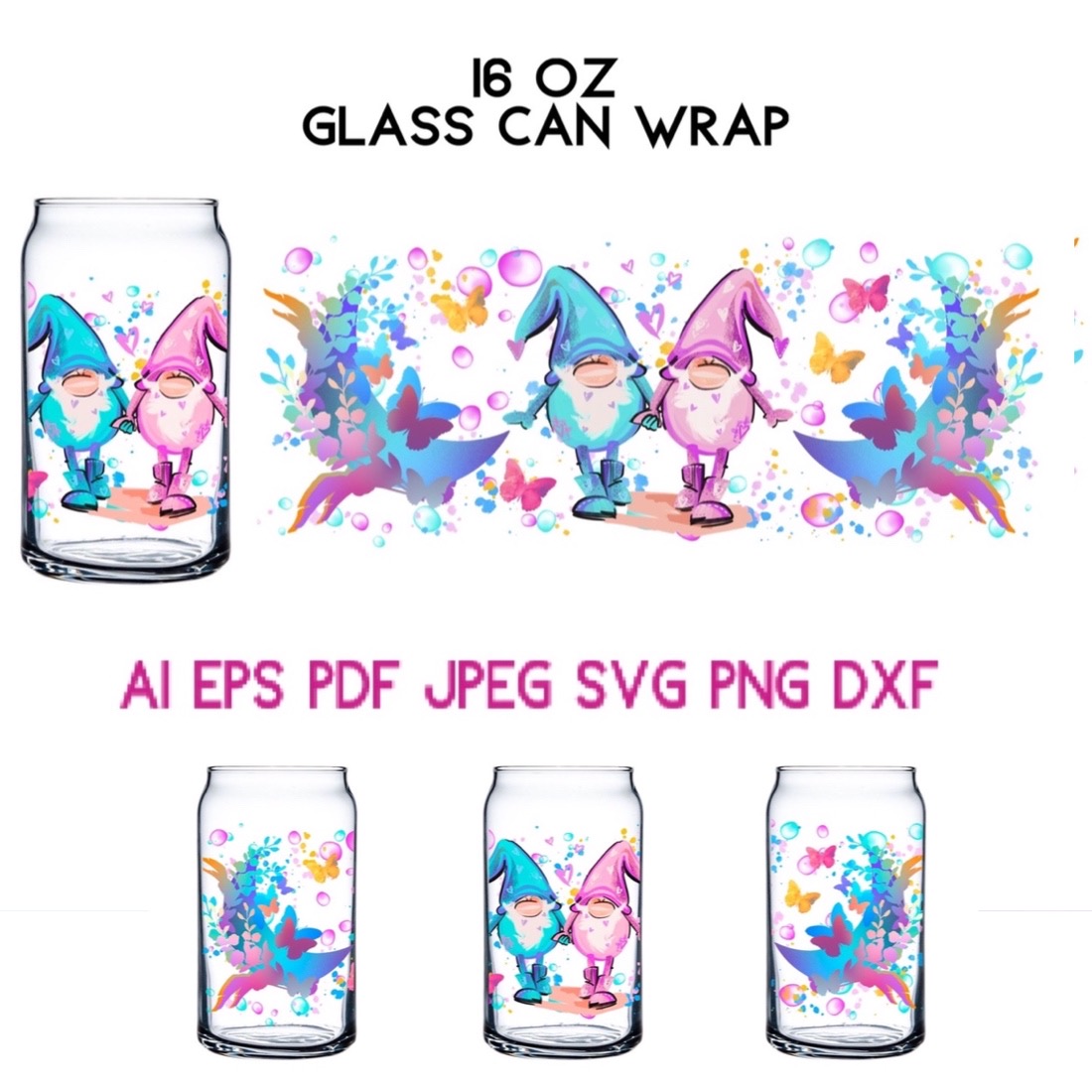 16 oz Glass Can Wrap Gnomes Holiday Birthday Valentines Day cover image.