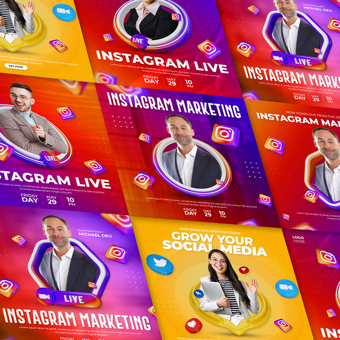 Instagram Marketing Social Media Post Banner 3d Template Set cover image.