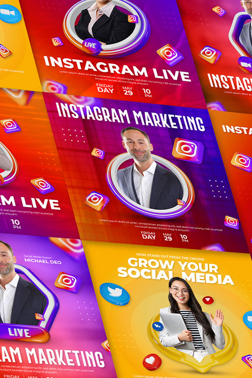 Instagram marketing social media post banner 3d template set pinterest preview image.