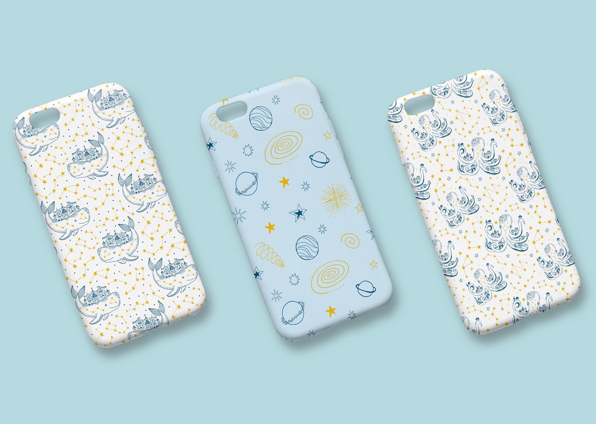 3 iphone cases in white and blue with galaxy and sea illustrations.