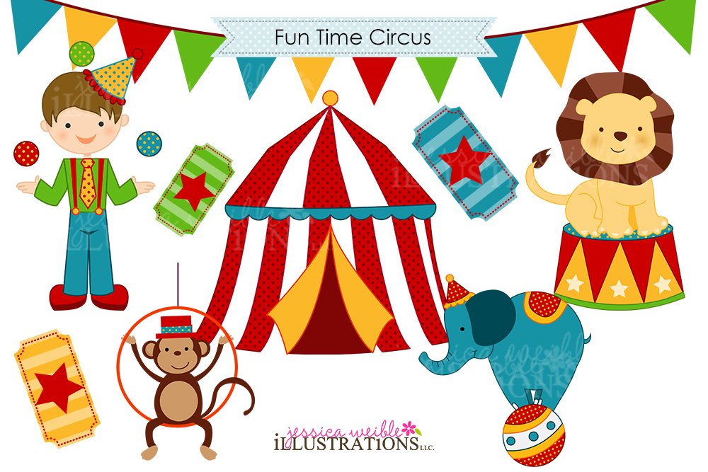 A set of different colorful illustrations of fun time circus on a white background.