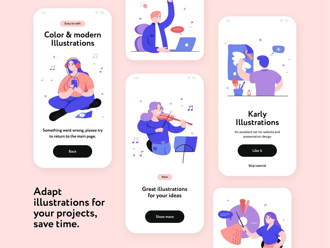 Phone mockups with adapt illustrations on a pink background.