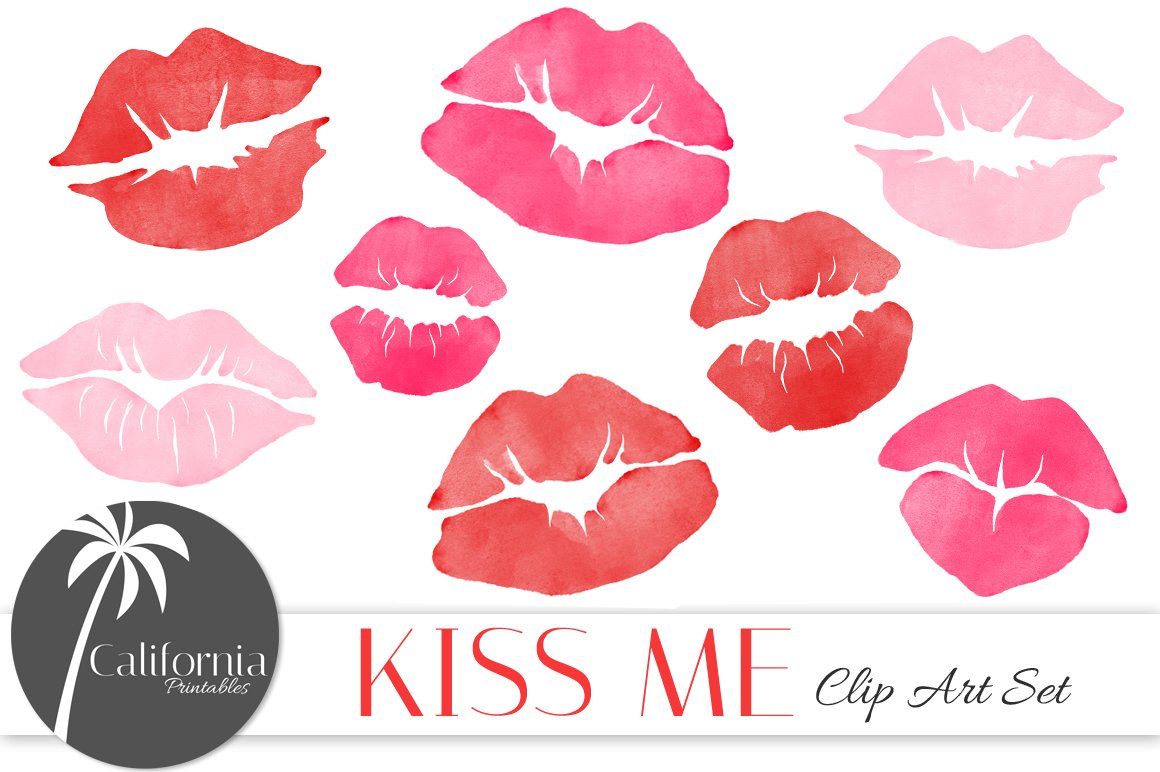 A set of 8 different watercolor red and pink kiss illustrations.