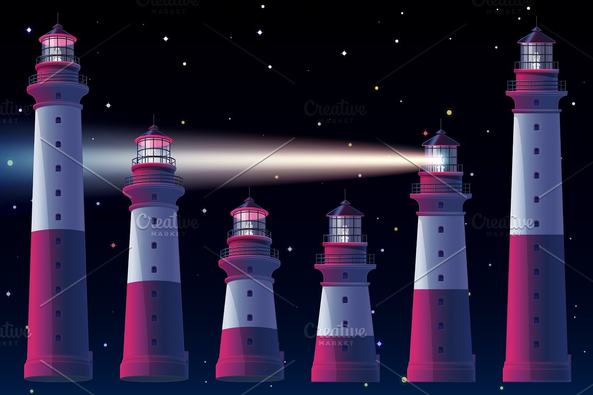 Pink and white illustrations of a night lighthouse on a black backgroundwith stars.