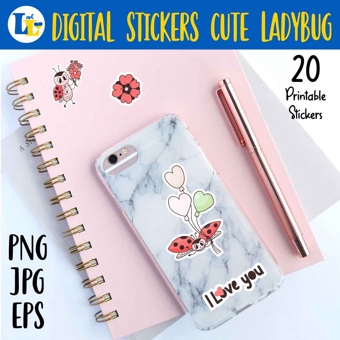 Cute in Love Insect Ladybug| Printable Digital Sticker PNG cover image.