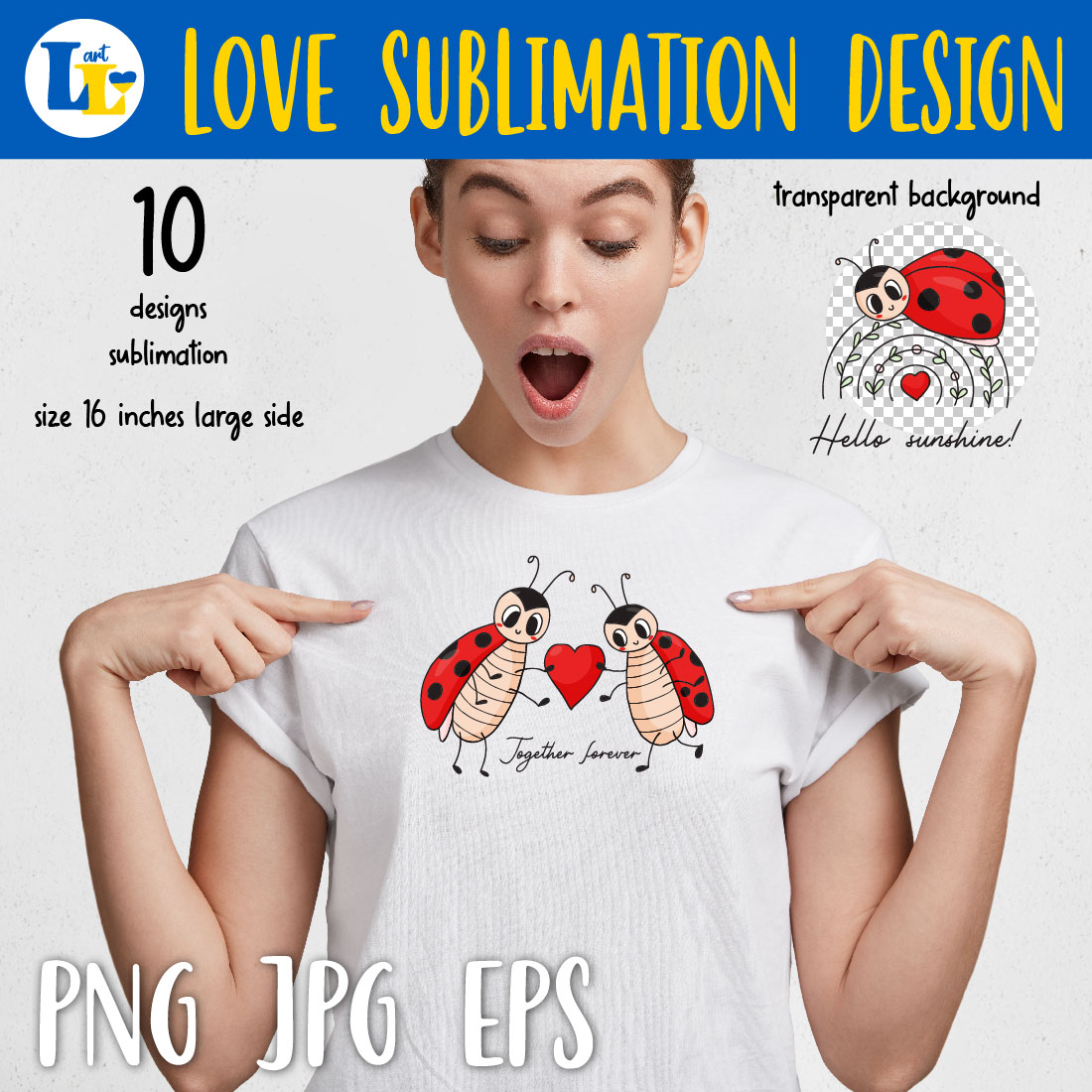 Image of a t-shirt with a unique print of cute ladybugs