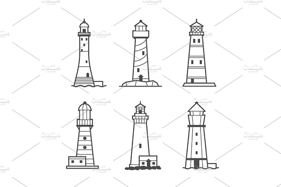 Lighthouse icon set line art.