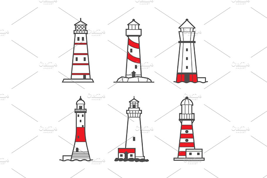 Lighthouse icon set colorful preview.