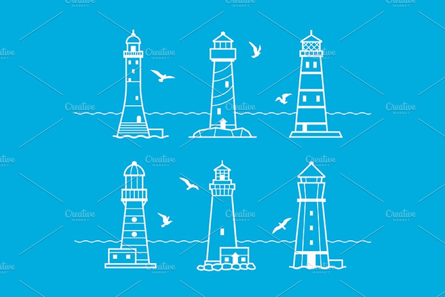 Lighthouse icon set on blue background.