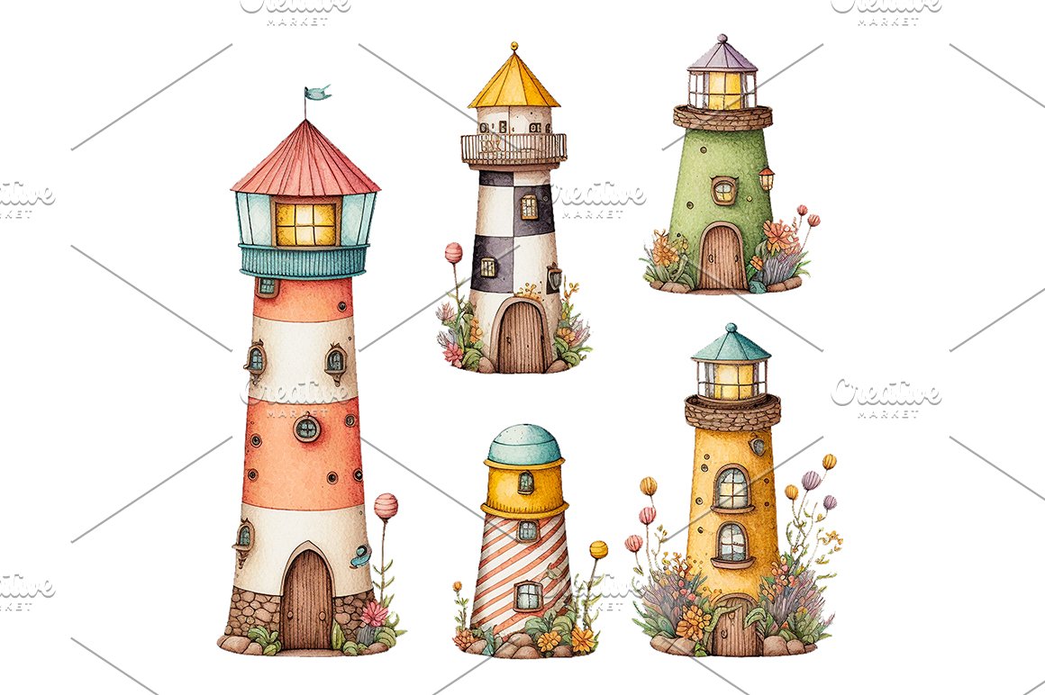 5 colorful watercolor illustrations of a lighthouse on a white background.