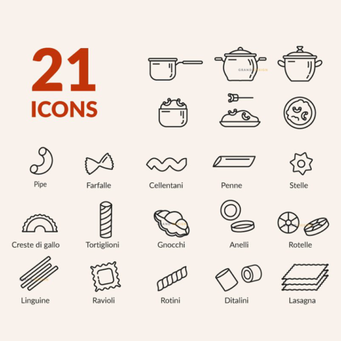 Linear icons for pasta packaging main cover.