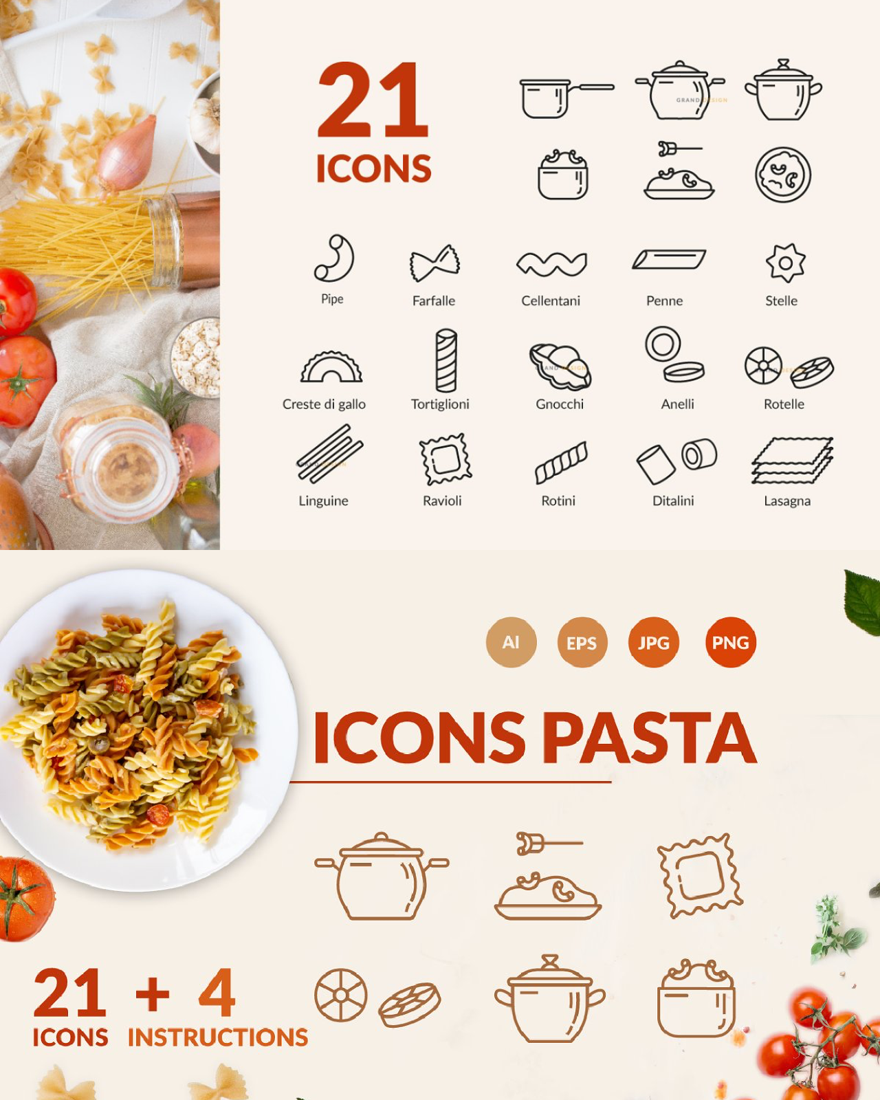 Linear icons for pasta packaging pinterest image.