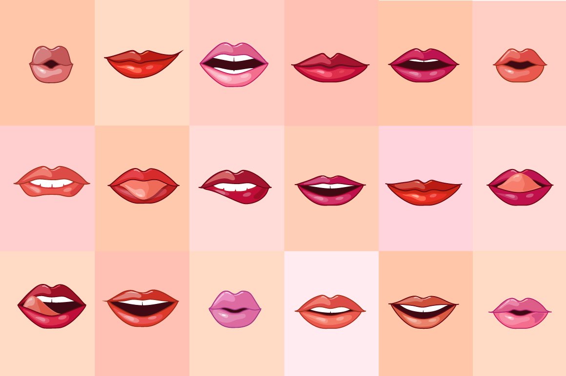 A set of 18 different beautiful female lips.
