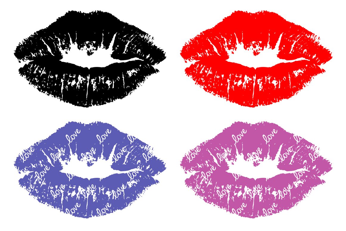 Black, red, blue and purple illustrations of kiss lips on a white background.
