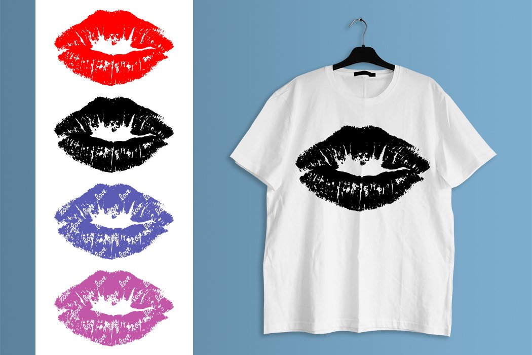 White t-shirt with black kiss lips ans 4 illustrations on a white and blue background.