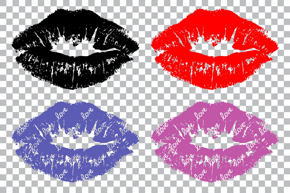 A set of 4 black, red, blue and purple kiss lips on a transparent background.