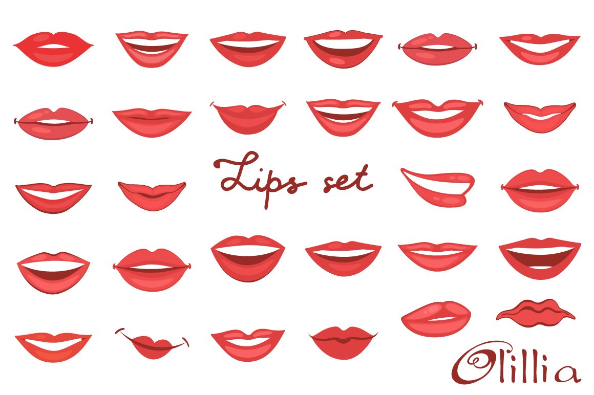 Red lettering "Lips Set" and different red illustrations of lips on a white background.