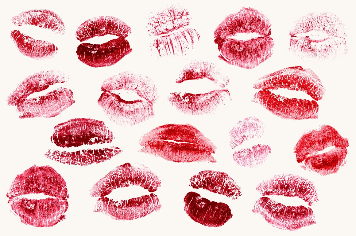 A set of different pink and red realistic lipstick kisses on a gray background.