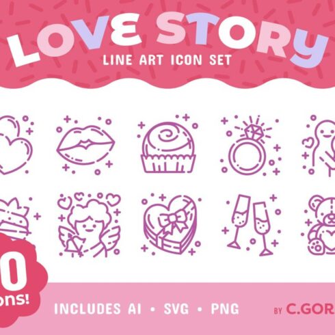 Love Story Line Art Icon Set Main Cover.