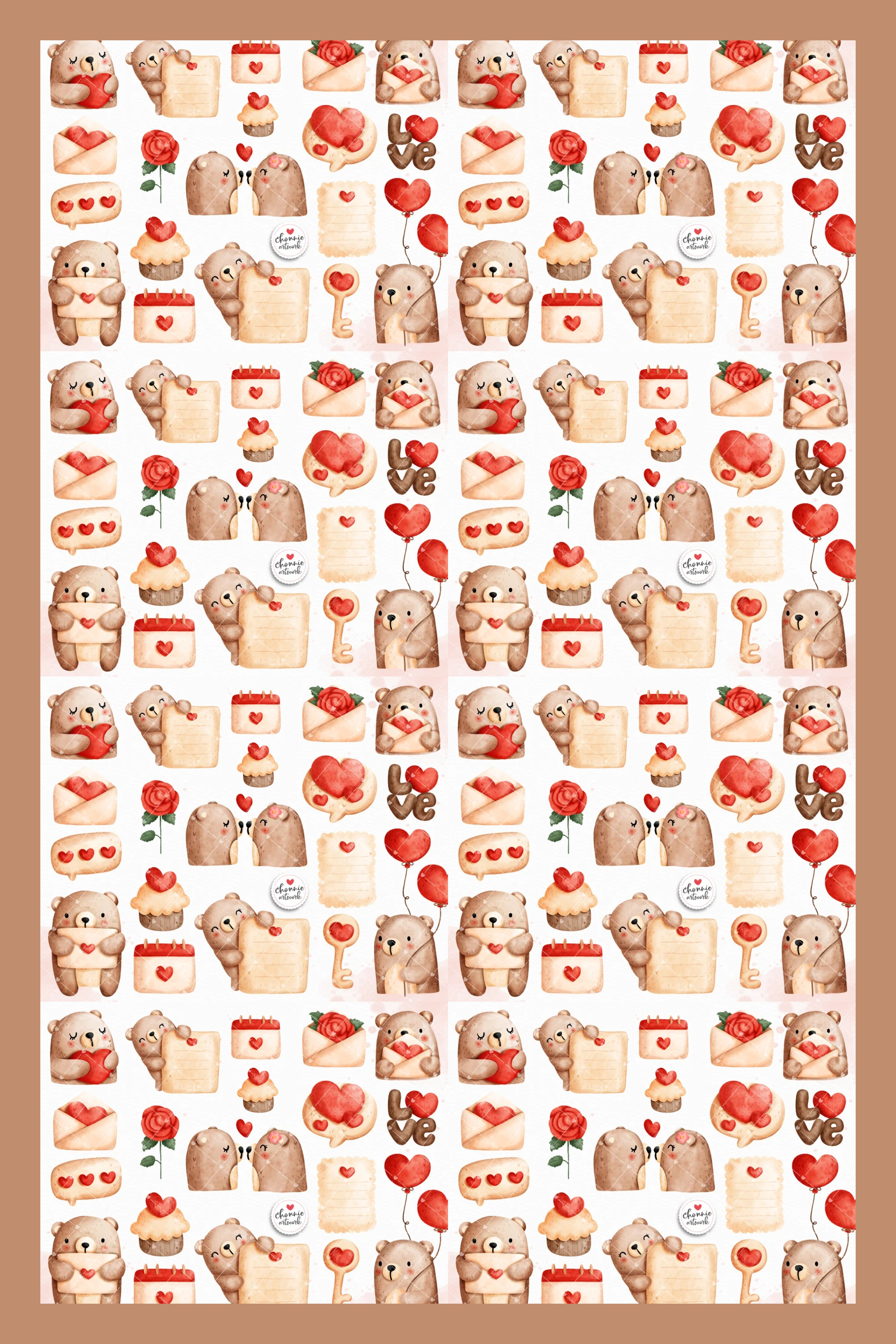 Collage of Teddy bears with red hearts, envelopes and balloons.