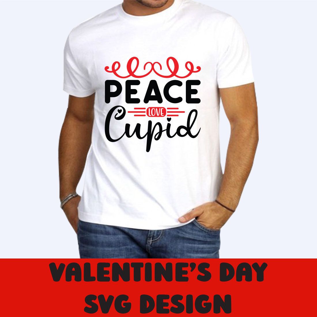 Image of a white T-shirt with a beautiful inscription Peace Love Cupid