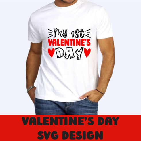Picture of a white t-shirt with an elegant slogan My 1st Valentines Day
