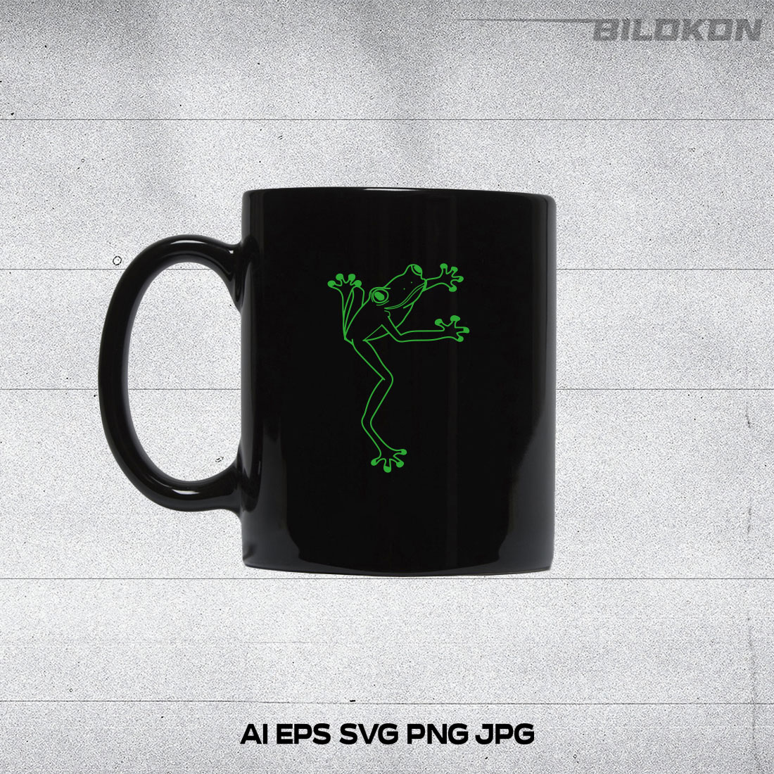 Black coffee mug with a green lizard on it.