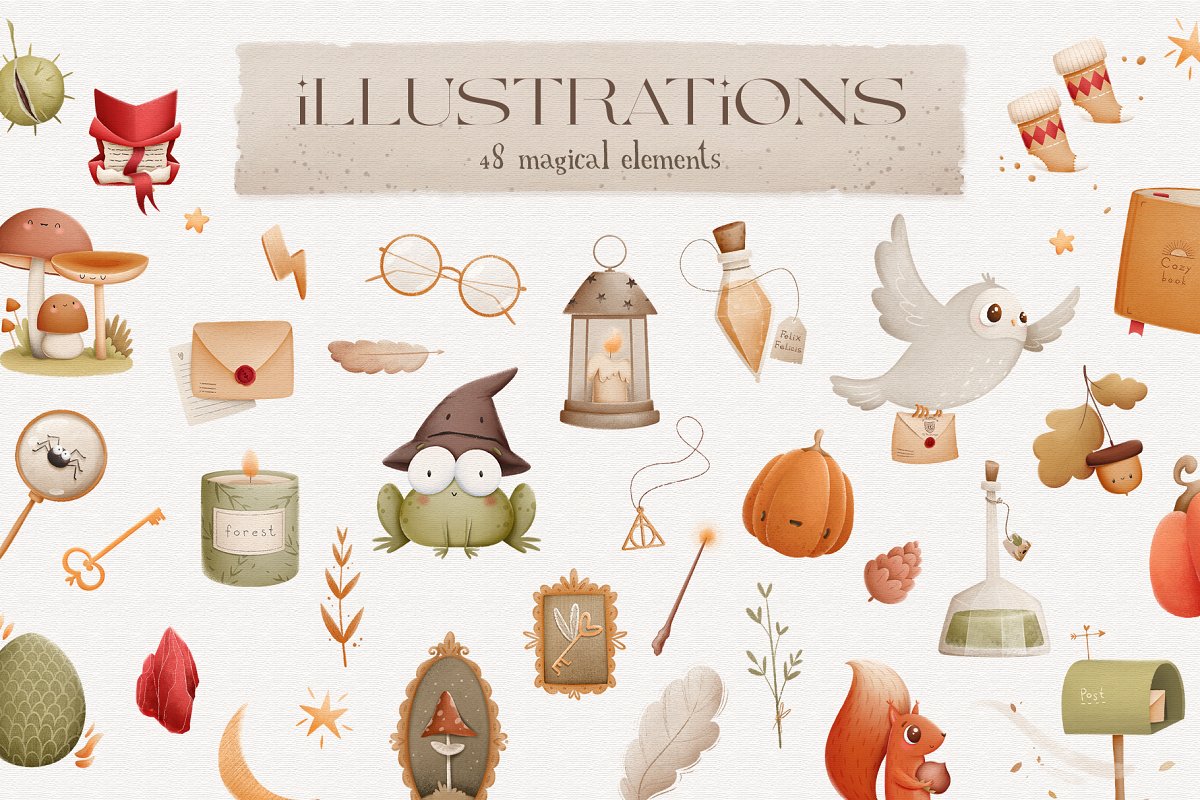Some illustrations with 48 magical elements.