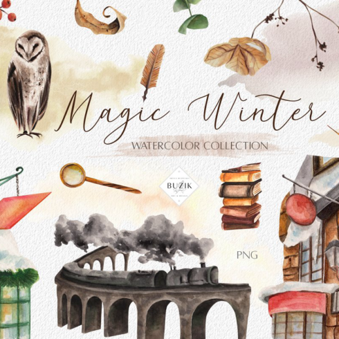 Magic winter watercolor clipart set main image preview.