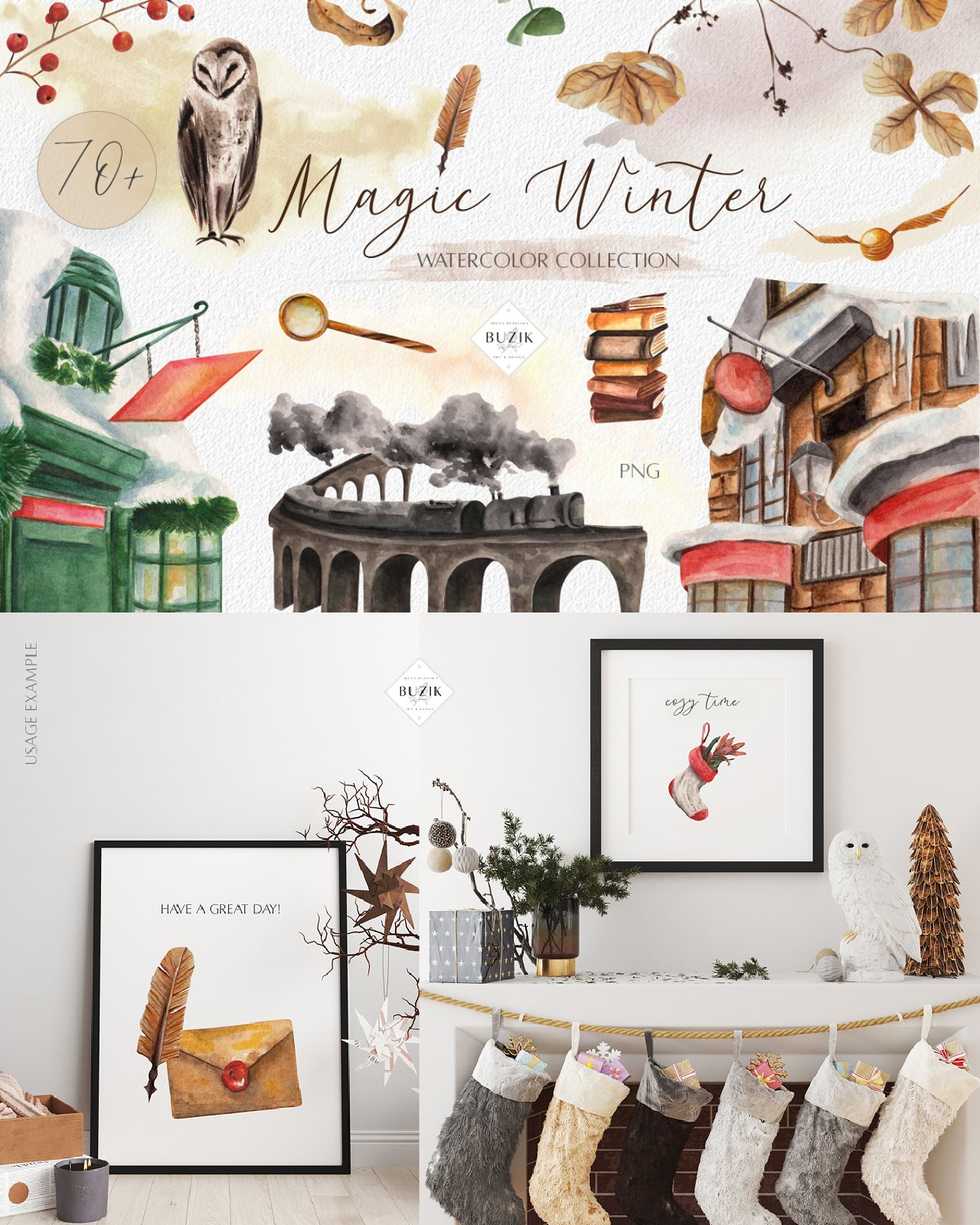 Magic winter watercolor clipart set pinterest image preview.