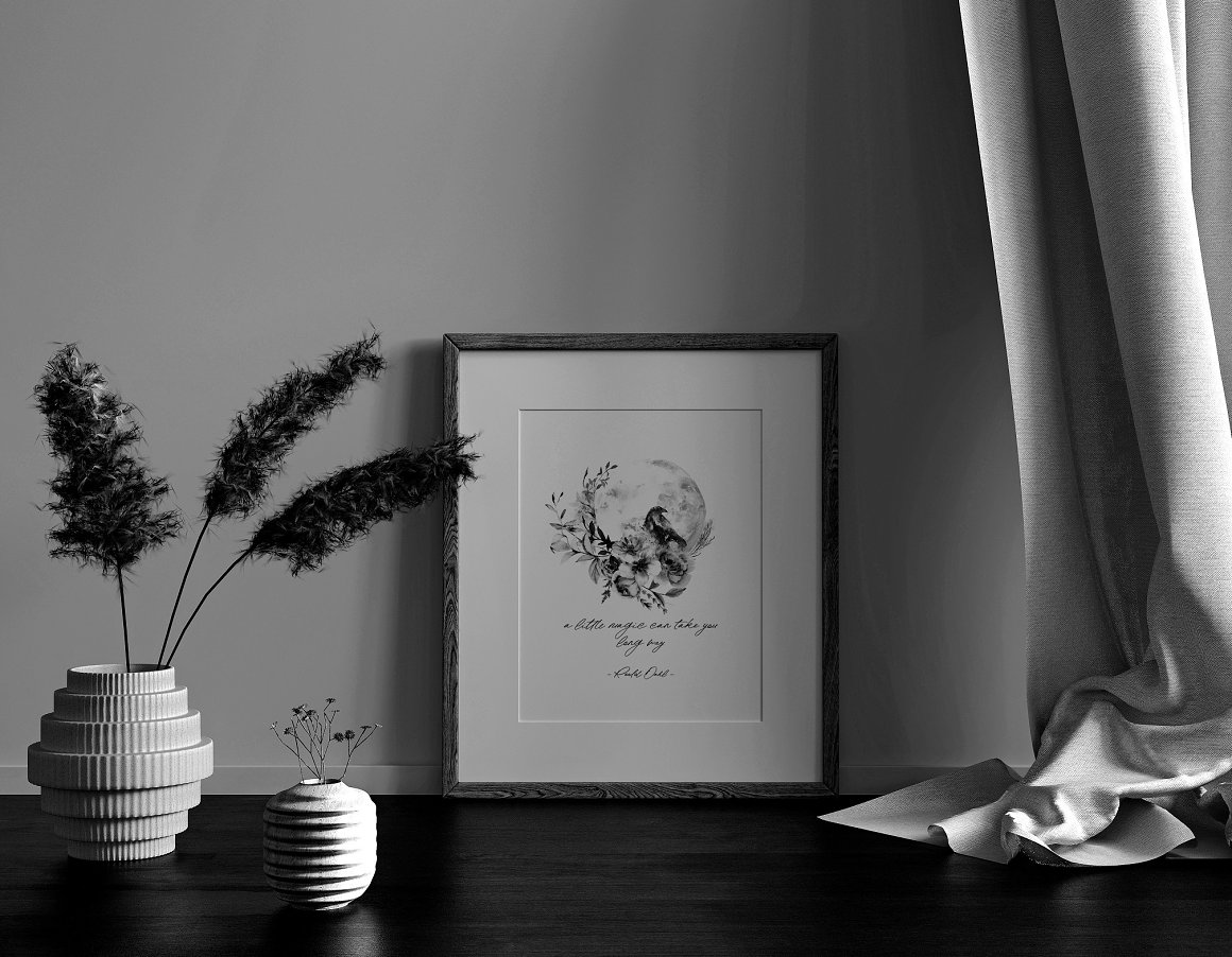 Picture of magical flowers in dark gray frame.