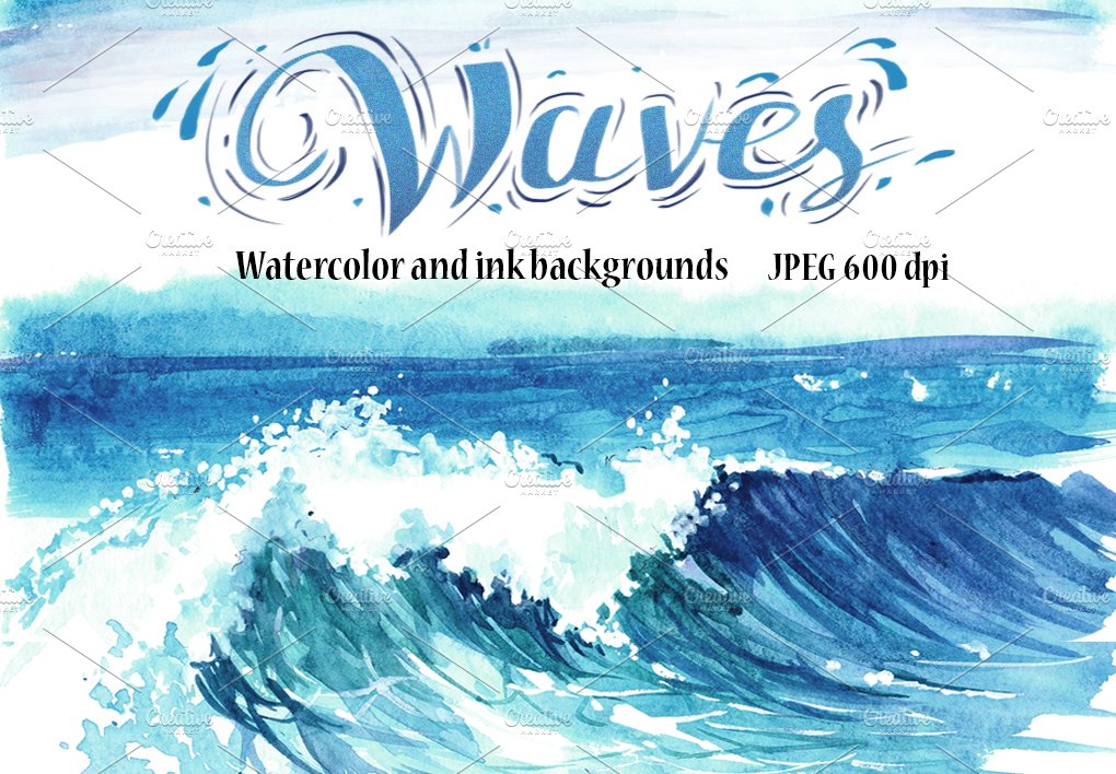 Cover with blue lettering "Waves" and watercolor illustration of wave.
