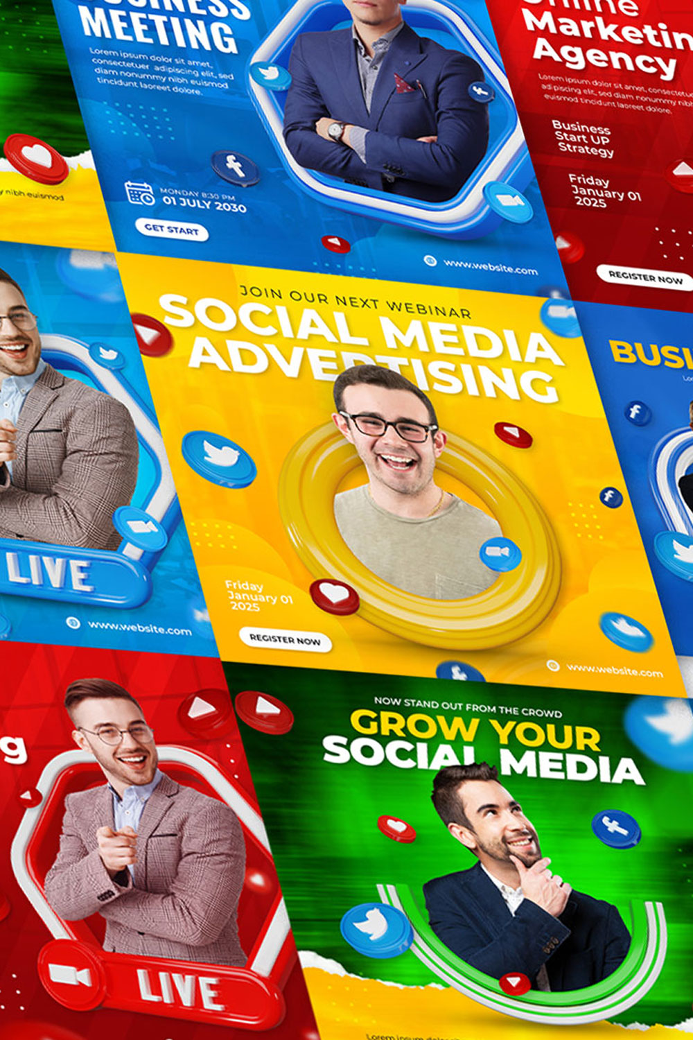 Digital marketing social media post banner 3d template set pinterest preview image.