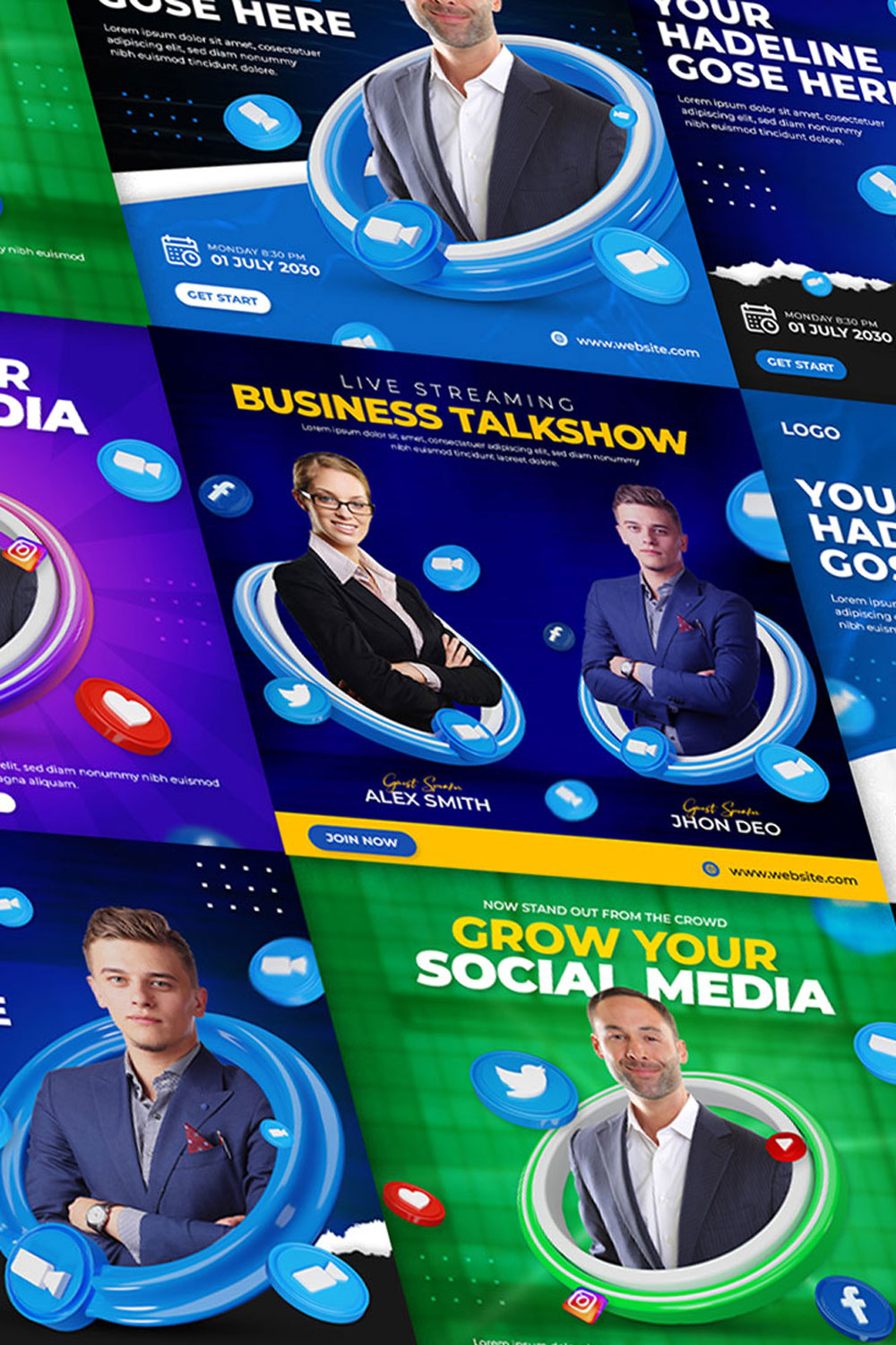 Digital marketing and corporate social media promotion for instagram post 3D template set pinterest preview image.