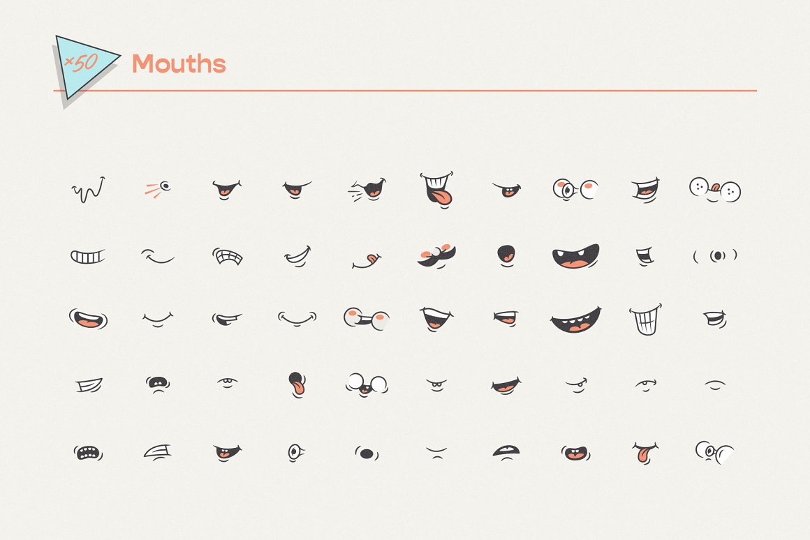 A set of 50 different mascotmaker mouths on a gray background.