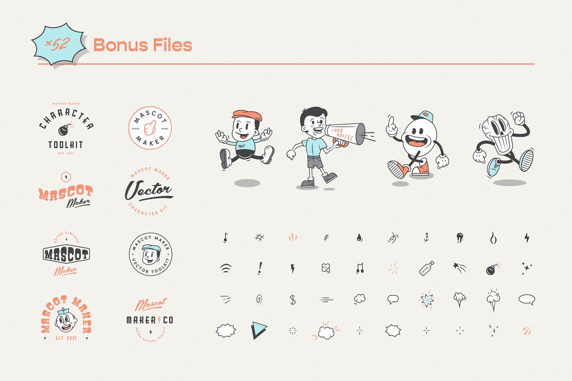 Bonus files - 52 different mascot maker icons and illustrations.