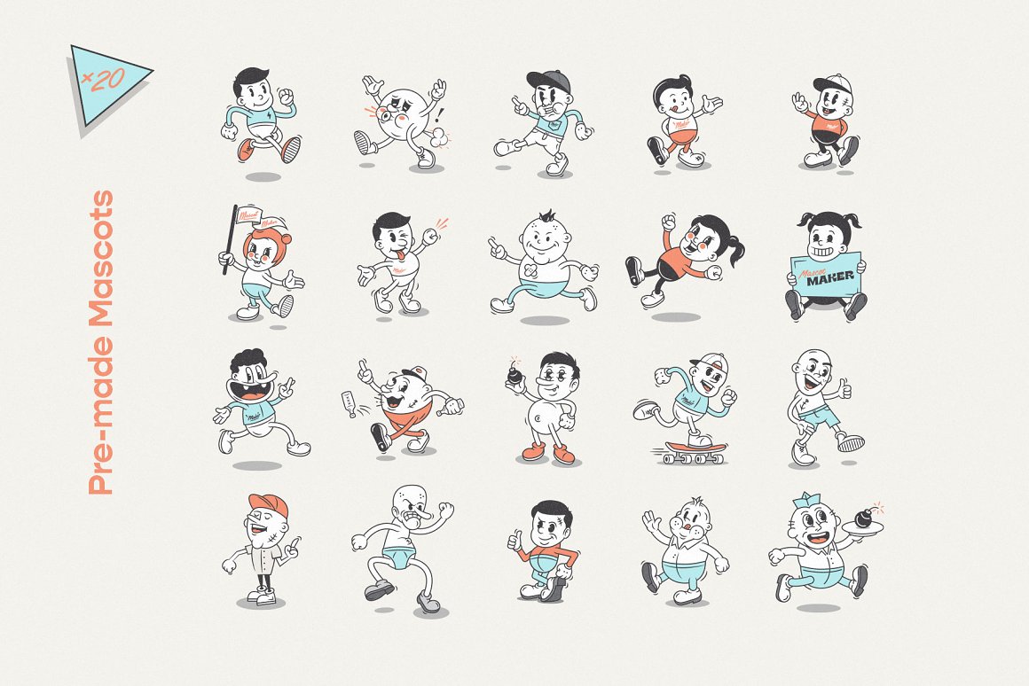 A set of 20 different illustrations of pre-made mascots on a gray background.