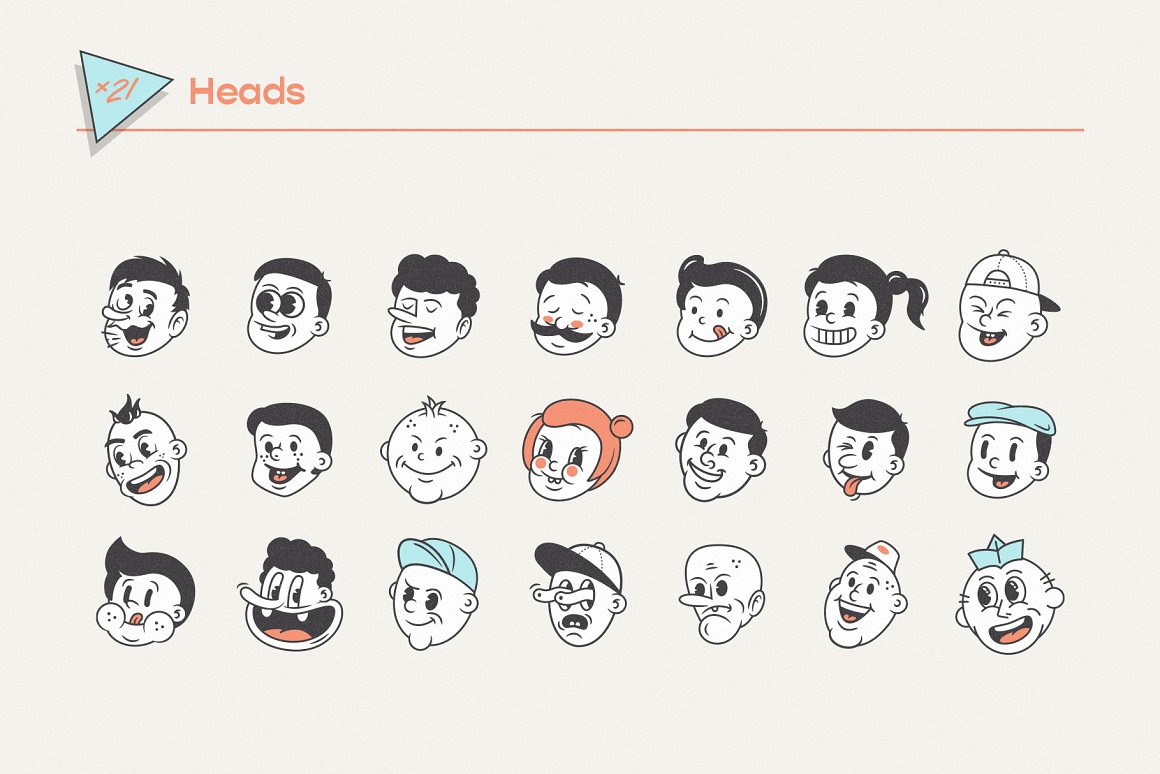 21 different mascotmaker heads on a gray background.