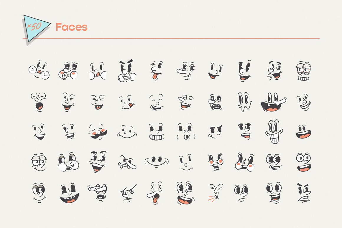 Bundle of 50 different mascotmaker faces on a gray background.
