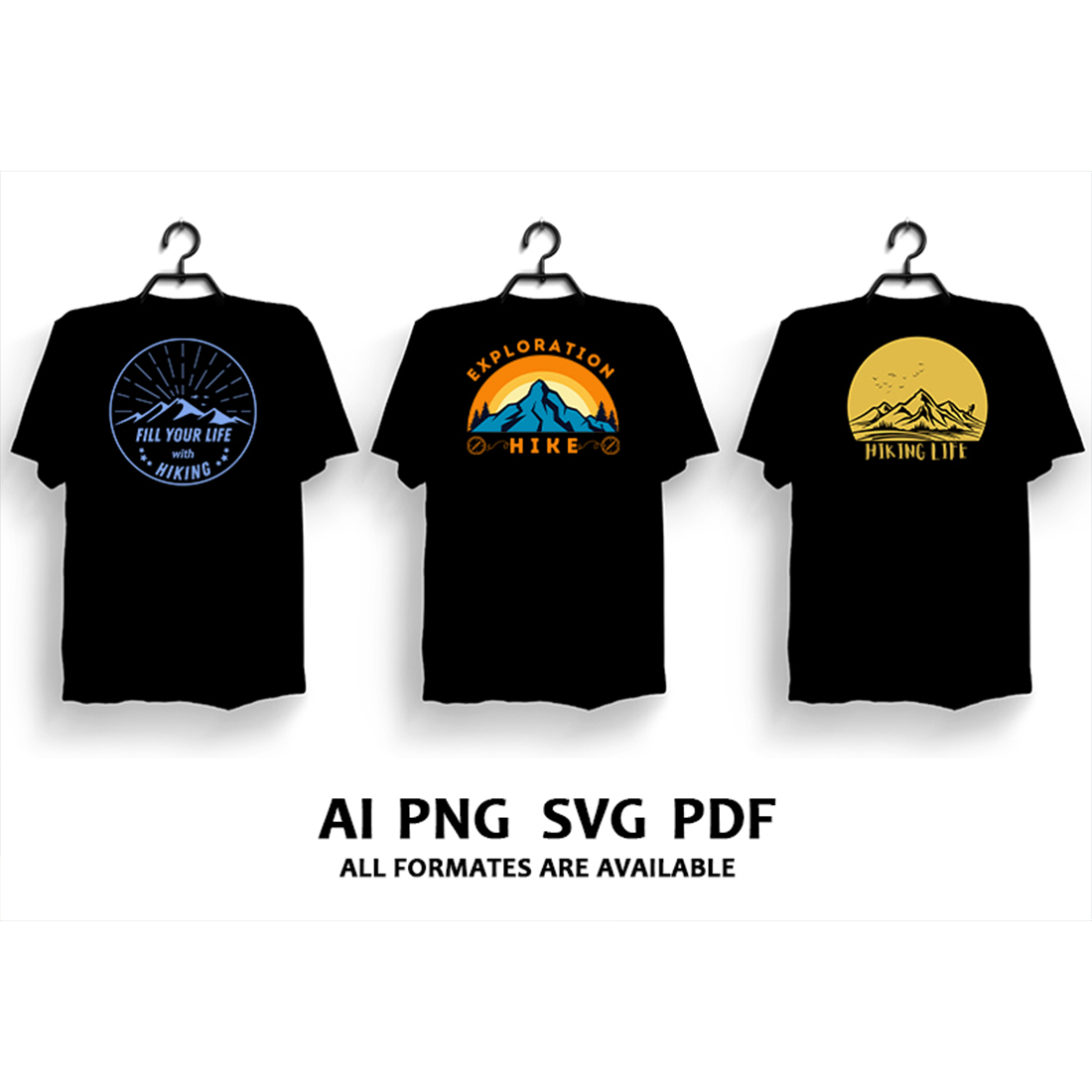 Collection of images of t-shirts with colorful prints on the theme of hiking