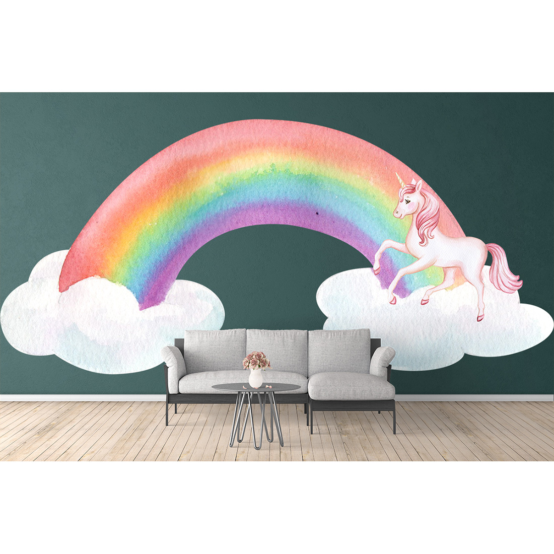 Beautiful picture of a unicorn and a rainbow on the wall