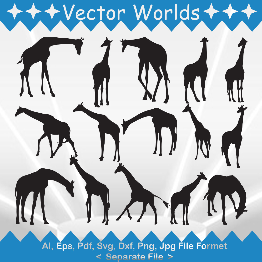 Set of silhouettes of giraffes in different poses.