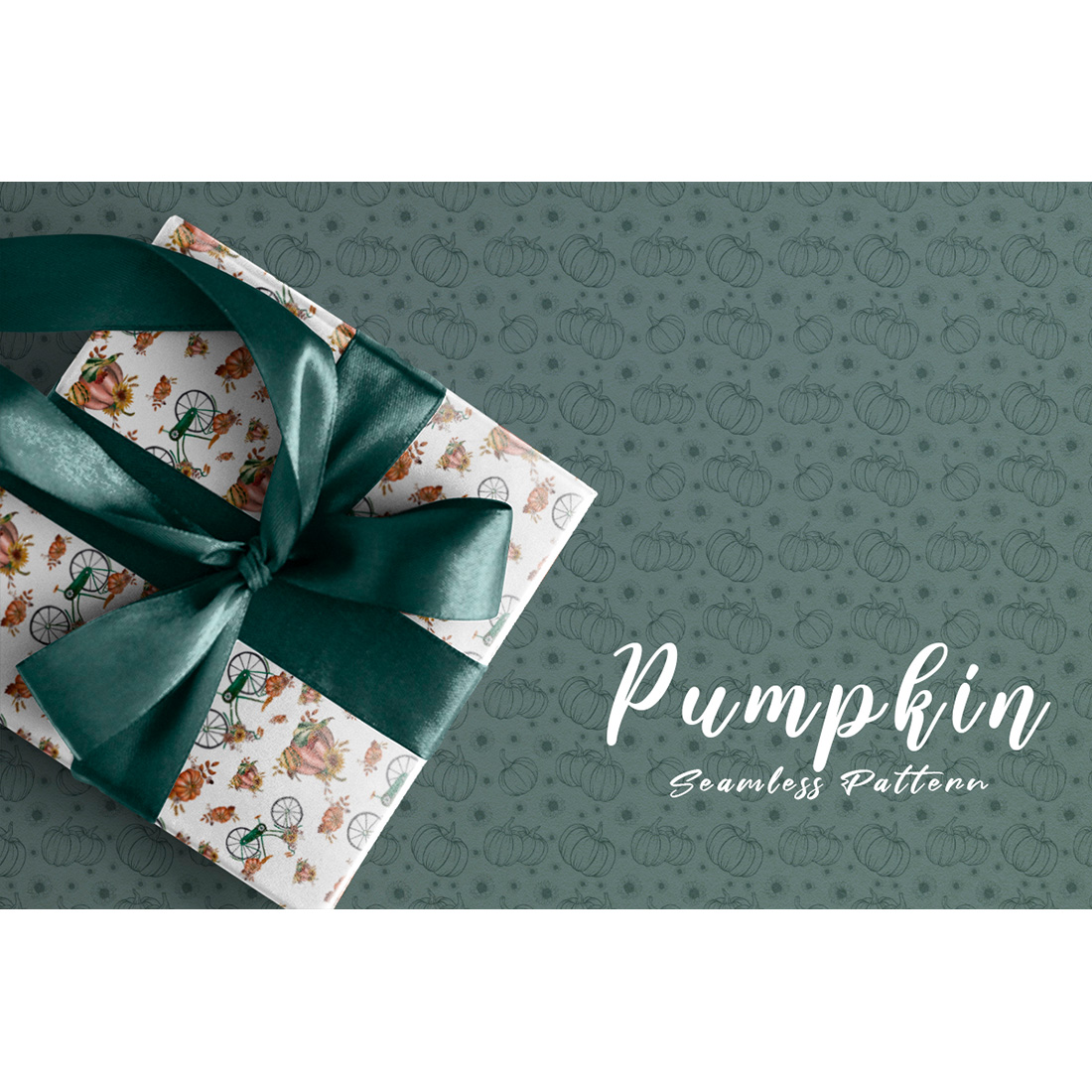 Image of wrapping paper with colorful patterns with pumpkin