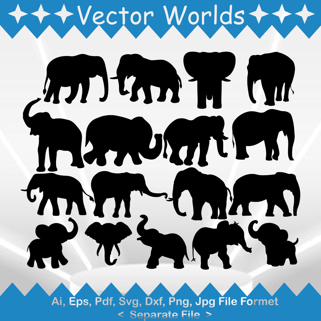 Set of elephant silhouettes on a blue and white background.