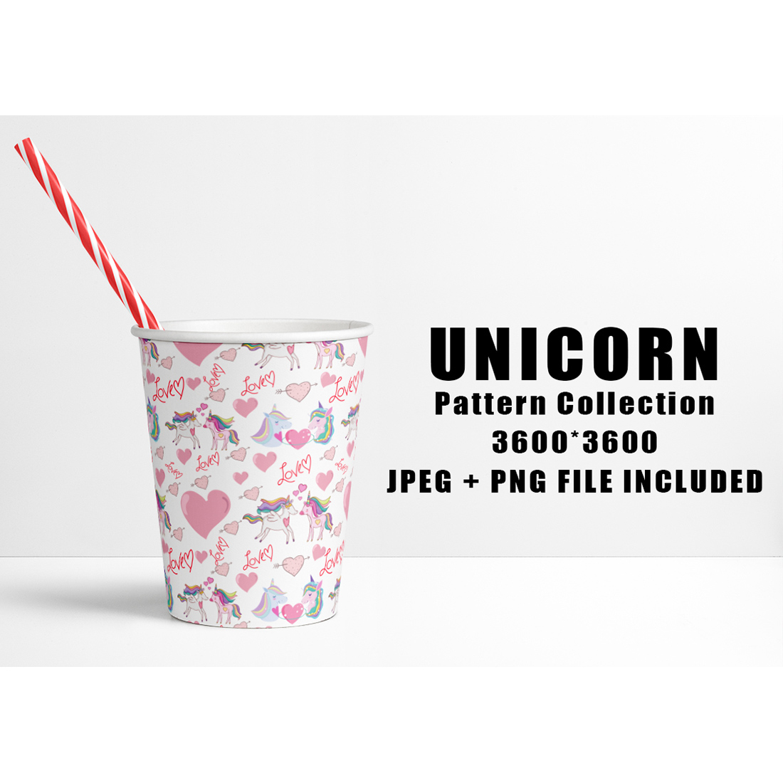 Image of a paper cup with wonderful patterns with unicorns