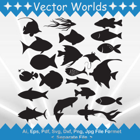 Set of fish silhouettes on a blue and white background.